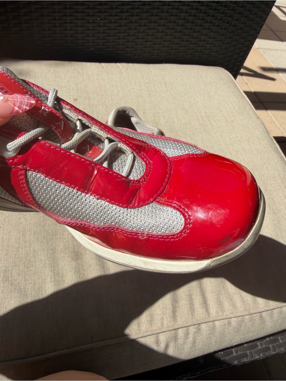 Prada Women America's Cup sneakers Red Patent & Gray Mesh Sneakers - Picture 6 of 12